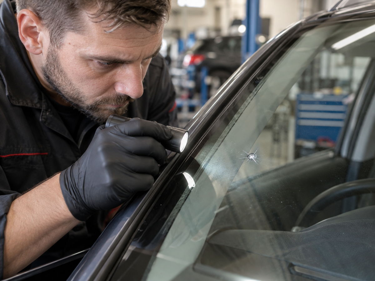 Muž s tmavým strništěm v černé pracovní košili a černých ochranných rukavicích si zblízka prohlíží čelní sklo automobilu. V ruce drží malou rozsvícenou svítilnu, kterou svítí na drobnou hvězdicovitou prasklinu v dolní části skla. V rozostřeném pozadí je patrný světlý interiér autodílny s dalším vozidlem a modrým dílenským vybavením.